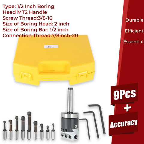 Nine Piece One Half Inch Carbide Boring Bar Set With MT2 Handle And Three Eighths Inch Sixteen Thread Two Inch Boring Bars