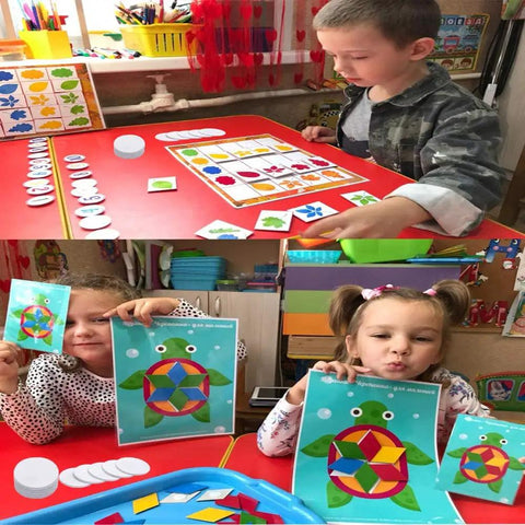 Children playing with colorful educational games on a table, engaging with pattern and symbol matching activities.