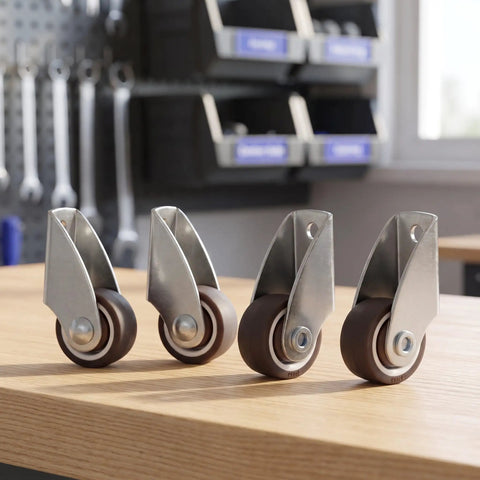 6pcs Rigid Furniture Moving Caster Wheels with Rubber, Silent Mobility on wooden surface, showcasing rubber wheels and metal brackets.