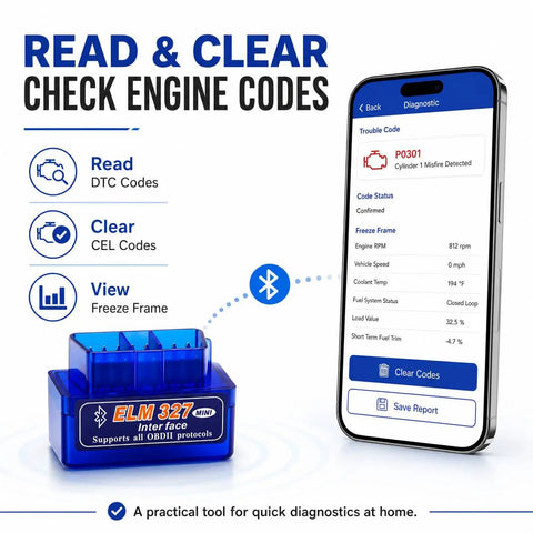 Bluetooth OBD2 Scanner For iPhone And Android, 5.1 Adapter, Car Diagnostic Code Reader For 12V Gas Cars, with app interface.