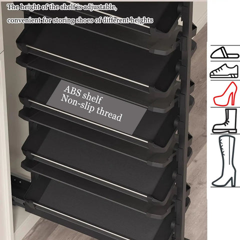 Premium Pullout Shoe Rack Organizer For Closet Adjustable Height Retractable Metal Stackable showing adjustable ABS shelves with non-slip thread.
