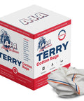 Heavy Duty White Terry Cloth Rags 16x19 Inches Bulk Box of 22 Reusable Cotton Cleaning Towels next to product box