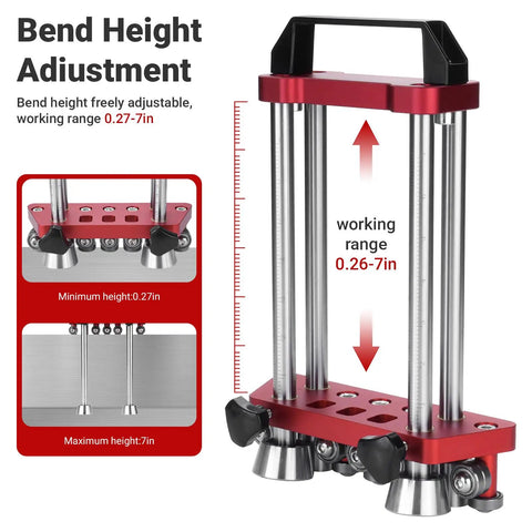 Pro Grade Metal Bender Tool For Roofing And Sheet Metal Fabrication showing height adjustment, red and silver, 7 inch working range