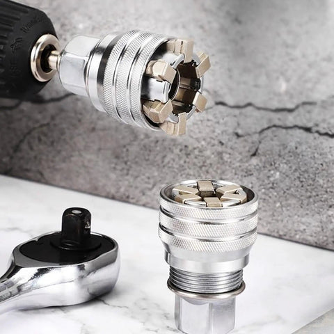 Two Pack Universal Socket Wrench Tool Set, Adjustable 10 To 19mm Universal Socket For Three Eighths Inch Drive Ratchet Or Power Drill, All In One Maintenance Tool For Tackling Damaged, Rounded, And Rusted Fasteners With No Hassle. silver metal socket on drill for rounded fasteners