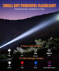 Person using rechargeable magnetic mini flashlight with beefy beam high lumen LED USB C 8 modes in the dark landscape.