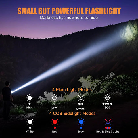Person using rechargeable magnetic mini flashlight with beefy beam high lumen LED USB C 8 modes in the dark landscape.