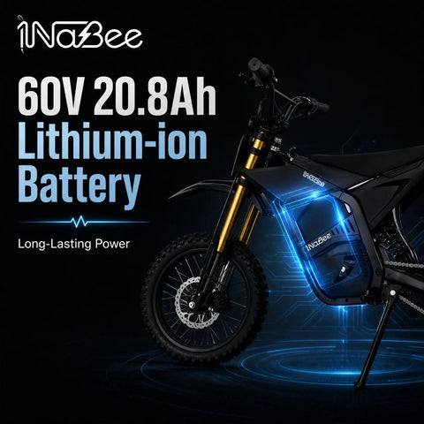 Kickin Up Dust On Gnarly Trails With This Badass Electric Dirt Bike For Adults And Teens Featuring A Hella Potent 3000W High Torque Mid Drive Motor That Rips Up To 35 Mph And Crushes Steep Hills While Keeping Every Bumpy Ride Smooth And Stable - Close-up of 60V 20.8Ah lithium-ion battery with glowing design.