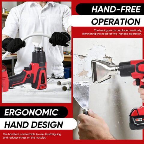 Cordless Heat Gun With M18 Battery Compatibility, shown in ergonomic hand design for shrink tubing and wall repair use