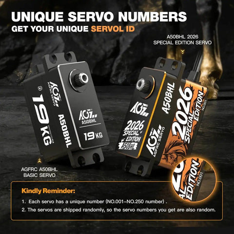 Low Profile Brushless RC Servo With 19Kg Torque, 0.073s Per 60 Degrees At 8.4V, Programmable, 25T Metal Horn, For 1/10 And 1/12 Scale Drift Cars And Trucks, A50BHL 2026 Special Edition Celebration Model, front view showing unique serial number and design.