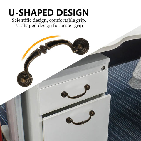 Close-up of Vintage Zinc Alloy Cabinet Pull Handles 4 Pack for Furniture Doors and Drawers Antique Style Cupboard Grips with U-shape.