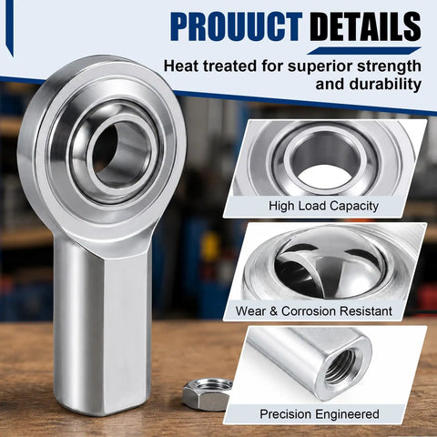 Four Pack Five Sixteenth Inch Rod End Bearings With Jam Nuts And Right Hand Female Thread Built To Last In Tough Outdoor Conditions, Corrosion Resistant Alloy Steel Heim Joint, High Strength PHSB5 For Rugged Mechanical Linkages, heat-treated close-up