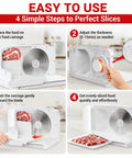 Foldable Electric Meat Slicer For Home With 6.7 Inches Removable Stainless Steel Blade and Tray showing 4 easy steps for slicing meat.