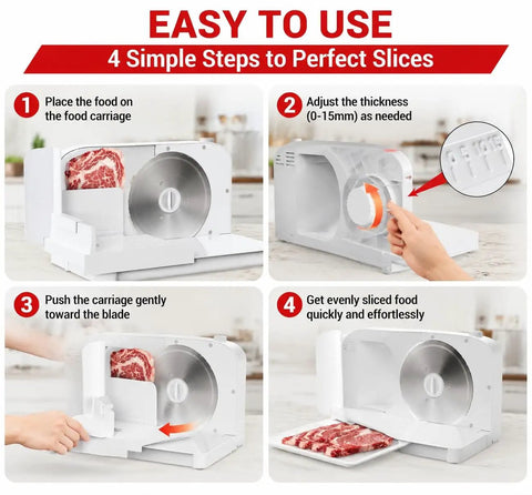 Foldable Electric Meat Slicer For Home With 6.7 Inches Removable Stainless Steel Blade and Tray showing 4 easy steps for slicing meat.