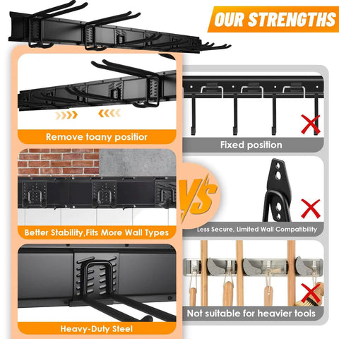 Garage Storage System With Wall Mount Tool Organizer And Heavy Duty Metal Hooks 420 Lb Capacity shown with adjustable hooks and stability features