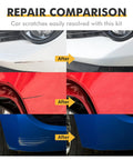 Comparison of scratch repairs on white, red, and blue cars using GMC Black GBA Touch Up Paint Kit For Cars, 2 In 1 Scratch Remover Pen With Color Matched Finish, Quick Easy Fix For Silverado Tahoe Equinox Suburban And More, Includes VIN And Paint Code Tips.