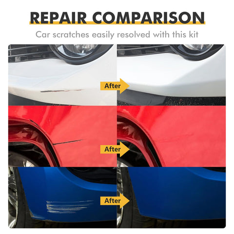 Comparison of scratch repairs on white, red, and blue cars using GMC Black GBA Touch Up Paint Kit For Cars, 2 In 1 Scratch Remover Pen With Color Matched Finish, Quick Easy Fix For Silverado Tahoe Equinox Suburban And More, Includes VIN And Paint Code Tips.