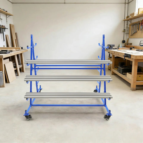 Heavy Duty Horizontal Storage Rack With Smooth Rolling Wheels And Built Tough Double Sided Frame For Long Pipes And Steel Bars Holding Up To Five Hundred Pounds in a workshop.