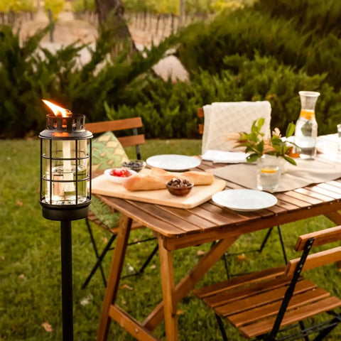 Outdoor Glass Lantern Torch For Patio And Garden With Weatherproof Build 4 Adjustable Height Poles Fiberglass Wick And Snuffer Black Finish