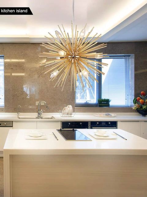 Gold Sputnik Pendant Light Fixture With 9 Lights Dope Modern Farmhouse Chandelier over kitchen island, aluminum finish
