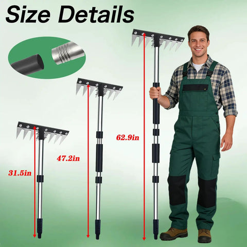 Man holding upgraded 8 tines stainless steel weeding tool with adjustable length handle and four interlocking sections
