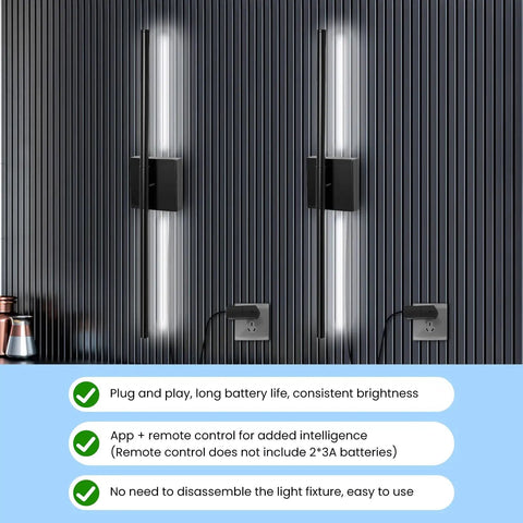 Lichaser Plug in Wall Sconces for Acoustic Wall Panels, Slat Wall (2, 28in) mounted on a slat wall with sleek design and plug-in feature.