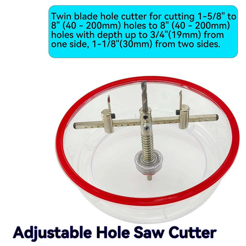Front view of adjustable hole saw cutter kit with ABS dust cover for 1-5/8 to 8 in (40–200 mm) holes