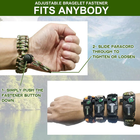 Four Pack Multi Color Paracord Survival Bracelets Five In One Kit with adjustable fastener and emergency tools