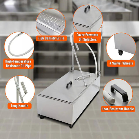 Heavy Duty Foldable Deep Fryer Oil Filter Machine With Fast Flow Pump And Kitchen Ready Design Helping Busy Restaurant Crews Clean Their Grease Without Breaking A Sweat showing high density grill, swivel wheels, and oil pipe.