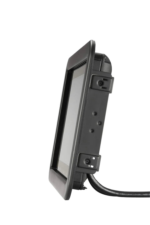 Killer Durability 10 Inch Rugged Touchscreen Monitor With Totally Bombproof Ip67 Seal And Optically Bonded Display For Industrial And Automotive Rigs Loaded With Hdmi Vga Dvi Ports, side view showing connections.