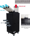 Heavy Duty Industrial Portable Air Conditioner 22500 BTU Mobile Spot Chiller with airflow directions and filter screen details.