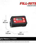 Product dimensions of the One Inch In Line Digital Turbine Fuel Meter with aluminum body and red display for 2-35 GPM