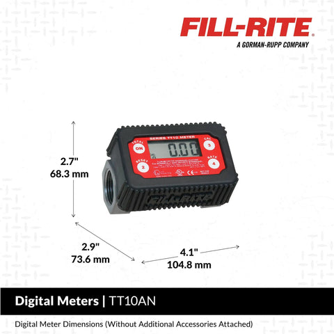 Product dimensions of the One Inch In Line Digital Turbine Fuel Meter with aluminum body and red display for 2-35 GPM