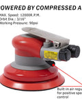 Lightweight Pneumatic Random Orbital Sander for Five Inch Palm Use Three Sixteenths Inch Orbit 12000 RPM Low Vibration