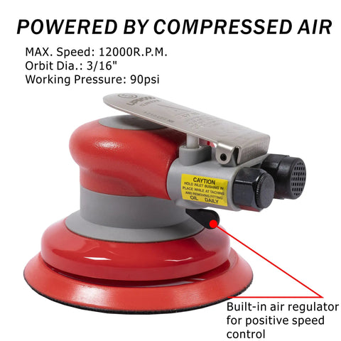 Lightweight Pneumatic Random Orbital Sander for Five Inch Palm Use Three Sixteenths Inch Orbit 12000 RPM Low Vibration