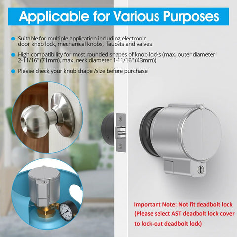 Door Knob Lockout Device With 3 Keys For Kidproof Safety installed on door, matte silver finish, fits most doorknobs and smart knobs.