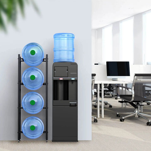 Five Gallon Water Jug Holder Rack with three 5-gallon bottles next to a cooler in an office, heavy duty steel, space saving