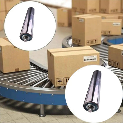 2 Pack Stainless Steel Idler Rollers Heavy Duty Workhorse With Spring Pressed Axle Built Like A Tank For Rock Solid Conveyor Performance Plus Durability on conveyor with boxes.