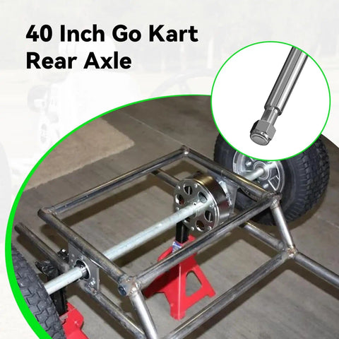 Universal 40 Inch Go Kart Rear Axle Kit for ATVs Quads Dune Buggies and Trailers Tough Heavy Duty Live Axle Shaft shown on frame