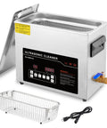 Pro Grade Straight Up Ultrasonic Cleaner With 6 Liter Digital Tank and Dual Frequency Settings, compact stainless steel design with a basket.