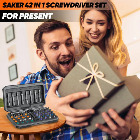 Man receiving Forty Two In One Magnetic Screwdriver Set With Ratchet Handle And All Purpose Bits, Portable Tool Kit Gift
