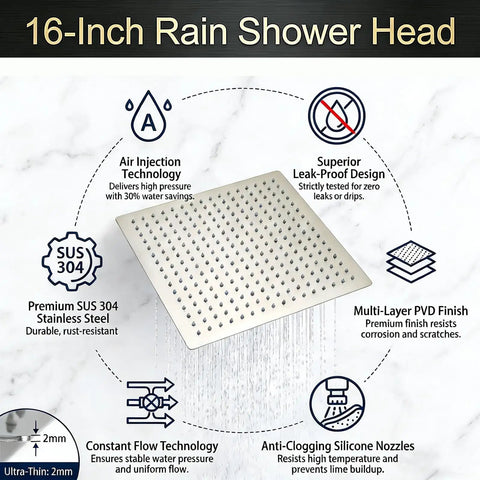 Oversized 16 Inch Rain Shower Head Brushed Nickel Finish Ultra Thin 304 Stainless Steel High Pressure Ceiling Mount