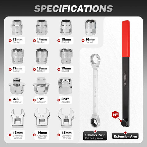 Specifications of Serpentine Belt Tool Set for Vehicles With Spring Tensioner showing sockets, adapters, wrench, extension arm.