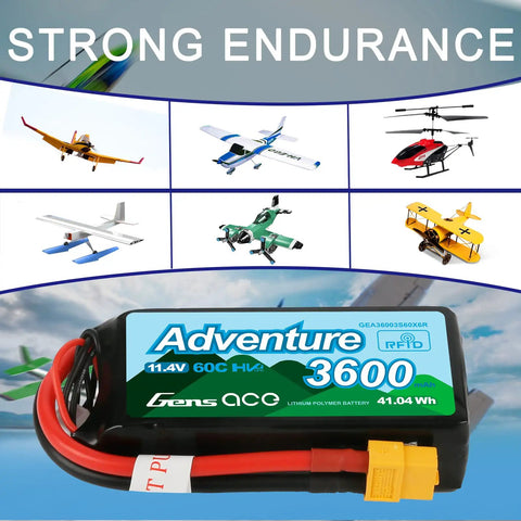 3S LiPo Battery 11.4V 60C 3600mAh Beefy RC Power Pack With XT60 Adapter And T Plug for RC cars, planes, boats, drones, and trucks.