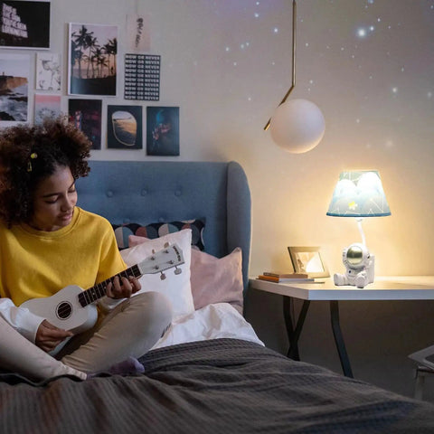 Golden Astronaut Kids Table Lamp With Barrel Lampshade on bedside, 13 inch spaceman LED light for kids bedroom decor