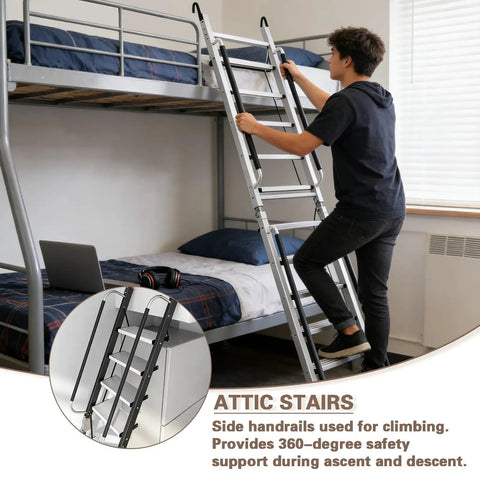 Foldable Aluminum Attic Ladder With 8 Step Design Portable Bunk Bed Access Stair With Handrails Built Tough Anti Slip Metal Climb Step Ladder For Dorm RV Home Supports 330 Lbs Easy Fold And Store, man climbing to loft bunk bed