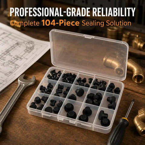 Super Cool 104 Piece Silicone Rubber Hole Plug Kit With 9 Sizes T-Type Black Waterproof Caps For Pipes Tubes And Electrical Wiring Heat Resistant Flexible Reusable Sealing Tools Perfect For Home Gigs And DIY Projects in case