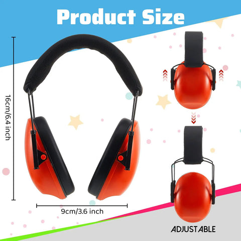 Front and side view of orange earmuffs from Six Pack Kids Noise Cancelling Earmuffs 27dB Adjustable For Autism Sensory Toddlers And Children.