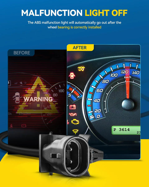 Dashboard comparison showing ABS malfunction light before and after installing wheel bearing, with OBD connector in foreground.