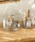 360 Degree Rotating Makeup Organizer With Lazy Susan Turntable, clear acrylic cosmetic storage tray on vanity with brushes and bottles