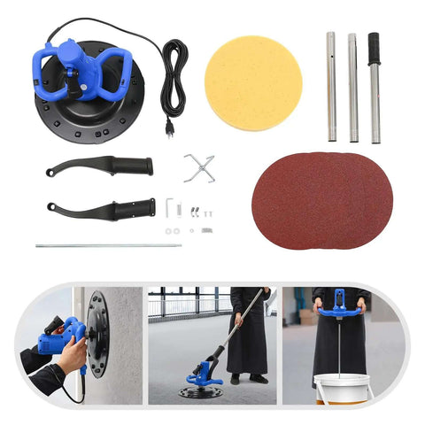 Powerful 1680W Electric Concrete Polishing Machine with accessories and extension rod, blue, for industrial construction sites.